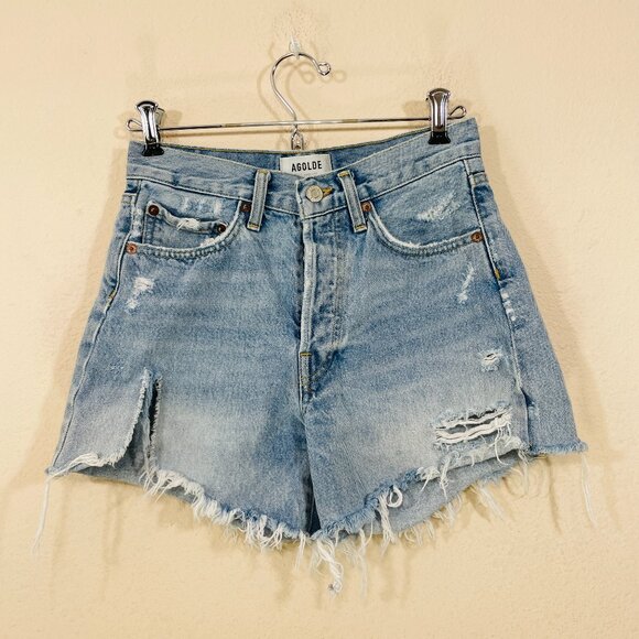 AGOLDE Parker LongShorts Size 23 High Rise Button Fly Distressed Denim Cut Off